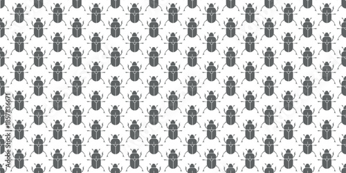 Seamless geometric pattern of Egyptian scarab beetle icons in monochrome on a white background, offering a subtle and repeating design element