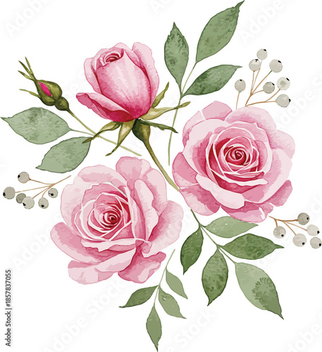 Seamless pattern with beautiful pink roses and green leaves on a white background creating a romantic floral bouquet perfect for a Valentine gift of love and nature in bloom