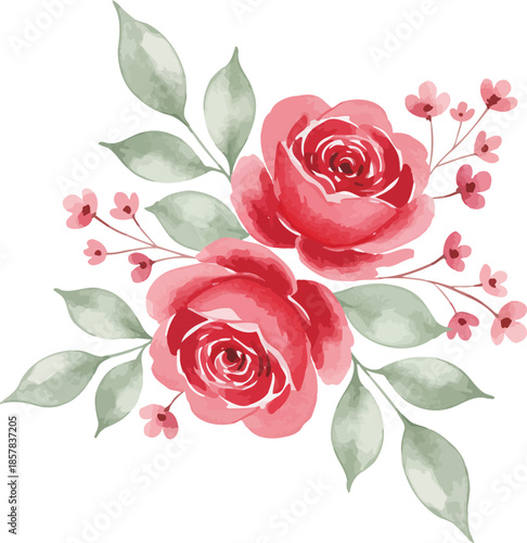 A beautiful bouquet of pink and red roses with green leaves and delicate petals is isolated on a white background as a romantic floral gift for Valentine's Day