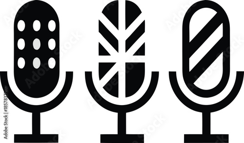 Microphone icon set: music, recording, podcast, mute, sound wave symbols in black 