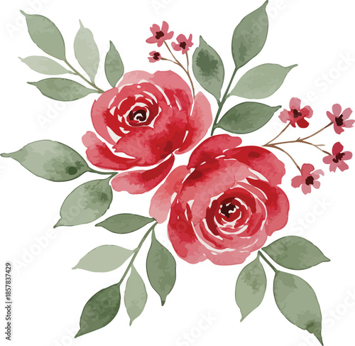 Beautiful illustration of a blooming red rose and pink roses bouquet with green leaves and petals on a white background for a nature-inspired Valentine gift of love and floral beauty