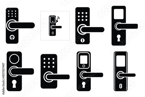smart door lock icon silhouette set