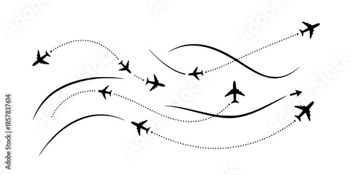 Flight path designs illustrating airplane tracking routes with dynamic dotted lines for travel maps and aviation concepts PNG

