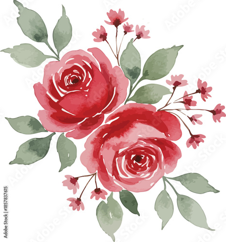 Beautiful pink roses and a delicate bud with green leaves form a romantic floral bouquet isolated on a white background, symbolizing love and natural beauty for a perfect Valentine gift