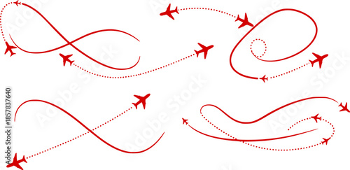 Flight path designs illustrating airplane tracking routes with dynamic dotted lines for travel maps and aviation concepts PNG
