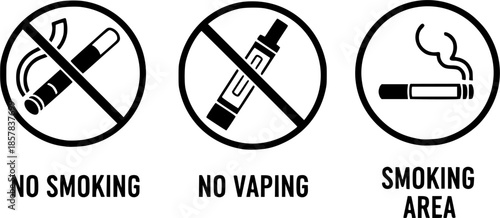 Vector set of no smoking, no vaping and smoking area sign set
