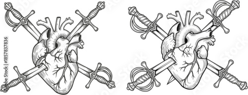 Set of Realistic Human Heart Pierced with Three Swords, Hand-Drawn Black and White Line Art Vector Illustration for Flash Tattoo or Vintage Print Design