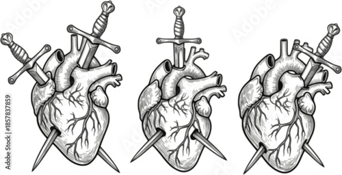 Set of Realistic Human Heart Pierced with Three Swords, Hand-Drawn Black and White Line Art Vector Illustration for Flash Tattoo or Vintage Print Design