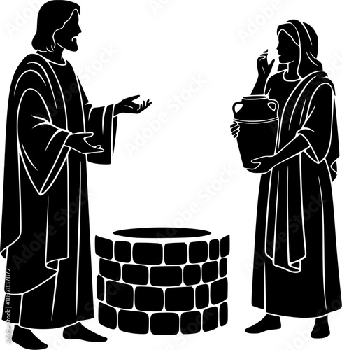 silhouette vector of Jesus Talking to Samaritan Woman at the Well – Biblical Scene of Compassion, Faith, and Living Water Illustration
