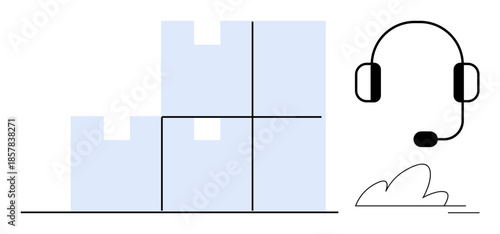 Logistics, customer support, supply chain, communication, ecommerce, packaging. Stacked boxes and a headset operational efficiency. Logistics and customer support are highlighted through simple