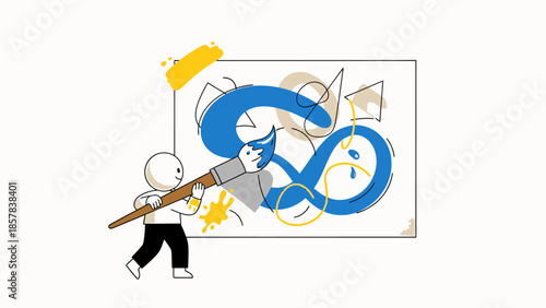 Creative Illustration of a Child Painting a Colorful Abstract Artwork with a Large Paintbrush for Artistic and Educational Themes