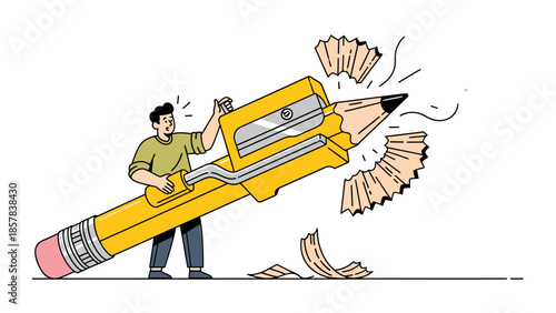 Creative Illustration of a Man Riding a Giant Pencil with a Sharpener, Expressing Artistic Innovation and Paper Shredding in a Dynamic Scene