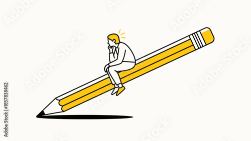 Creative Illustration of a Person Sitting and Thinking on a Large Pencil, Symbolizing Ideas, Creativity, and Problem Solving for Educational or Artistic Uses