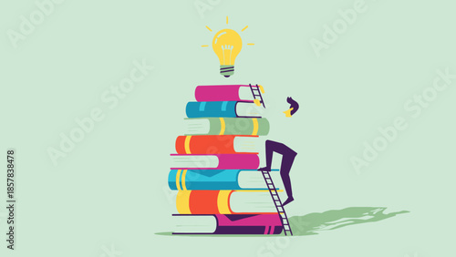 Creative Person Climbing a Ladder to Reach a Stack of Colorful Books with a Lightbulb Overhead, Symbolizing Knowledge and Innovation, for Education and Learning Concepts