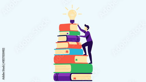 Creative Person Climbing Tall Stack of Books with Lightbulb on Top, Symbolizing Learning and Inspiration, Vector Illustration for Educational and Motivational Content