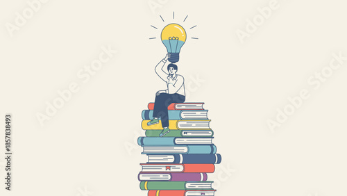 Creative Student Thinking Concept with Brainstorming Lightbulb Above Head, Sitting on a Tower of Books for Educational and Innovation Themes