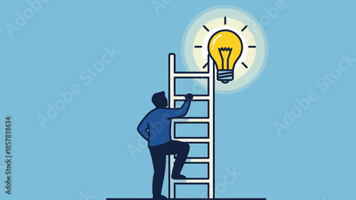 Person Climbing a Ladder Towards a Bright Idea Lightbulb Representation of Innovation and Creativity in Business or Education