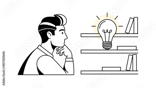 Thoughtful Male Entrepreneur Analyzes Ideas Near Illuminated Lightbulb and Brainstorming Setup, Representing Creativity and Innovation