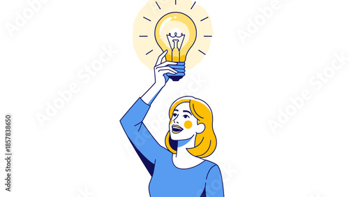 Woman Holding a Bright Light Bulb Above Her Head Symbolizing Innovation and Creativity with Modern Illustration Style