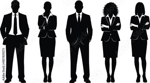 Black and white business professional silhouettes, standing corporate people, men and women in suits, formal attire group, team, white background.