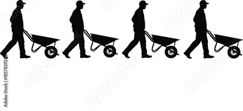 Black and white person pushing wheelbarrow silhouettes, construction worker walking cycle, garden labor set, manual work poses, moving heavy load,