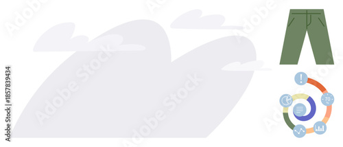 Green pants, circular infographic with icons, abstract clouds. Ideal for fashion, teamwork, process, analysis, strategy data flow modern design. Simple flat metaphor