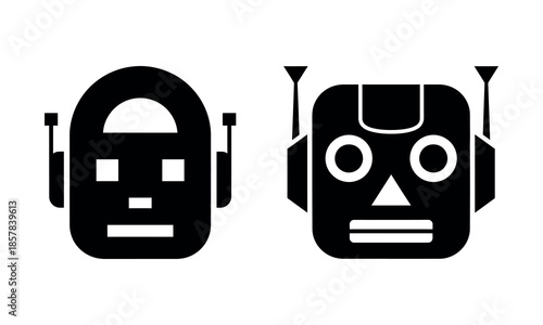 Minimalist flat design illustration of two different robot head icons in solid black silhouette style on white background
