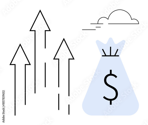 Arrows pointing upward alongside a money bag with a dollar symbol, symbolizing financial growth, economic progress, investment opportunities, wealth management, and career advancement. Ideal