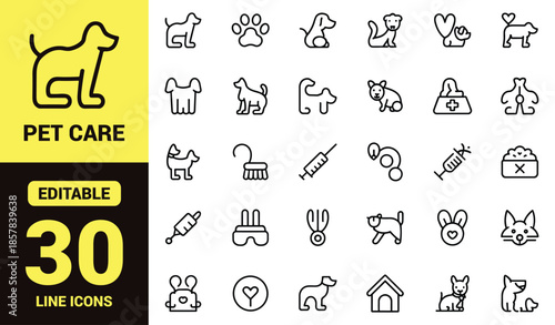 Set of Minimalist Pet Care and Veterinary Line Icons Featuring Dogs, Cats, Paw Prints, Medical Syringes, Pet Houses, and Grooming Symbols
