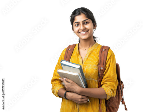 young indian female student with books and a backpack