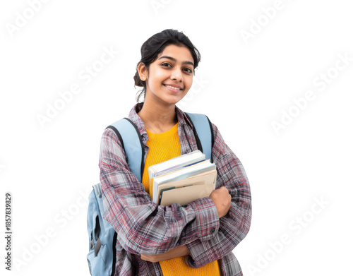 young indian female student with books and a backpack
