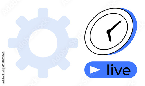 Time management, productivity, live streaming, workflow optimization, real-time updates, efficiency. A gear, clock and live button. Time management and productivity concept