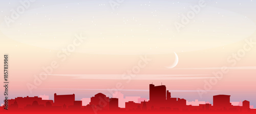 Red panoramic poster of the city skyline with misty background buildings, sunrise, moon and clouds of LA PLATA, ARGENTINA