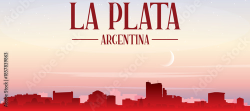 Red panoramic poster of the city skyline with misty background buildings, sunrise, moon and clouds of LA PLATA, ARGENTINA