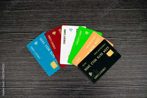 Foto Assorted Credit Cards Fanned Out On Dark Textured Wood Surface Studio Lighting