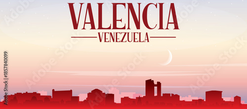 Red panoramic poster of the city skyline with misty background buildings, sunrise, moon and clouds of VALENCIA, VENEZUELA