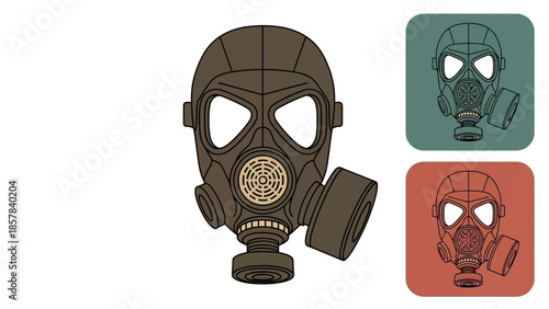 Gas masks in brown, green and red for safety and protection