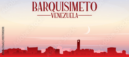 Red panoramic poster of the city skyline with misty background buildings, sunrise, moon and clouds of BARQUISIMETO, VENEZUELA