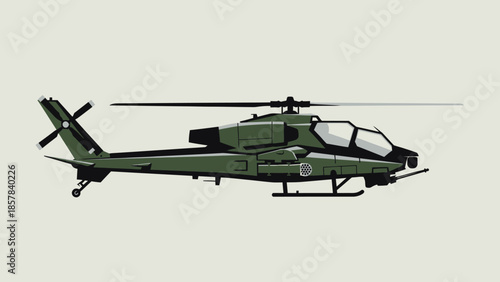Military helicopter in green camouflage flying through sky