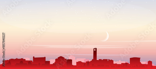 Red panoramic poster of the city skyline with misty background buildings, sunrise, moon and clouds of BARQUISIMETO, VENEZUELA