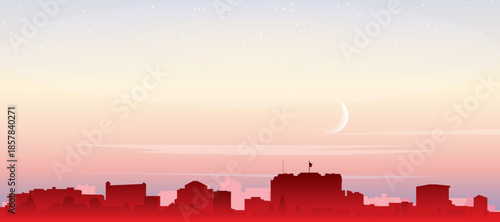 Red panoramic poster of the city skyline with misty background buildings, sunrise, moon and clouds of LIMA, PERU