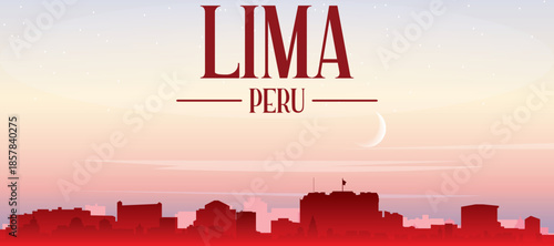 Red panoramic poster of the city skyline with misty background buildings, sunrise, moon and clouds of LIMA, PERU