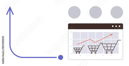 Shopping carts overlaid on sales graph with upward trend and progress arrow. Ideal for business growth, e-commerce, performance metrics, marketing, financial analysis, success strategy, simple flat