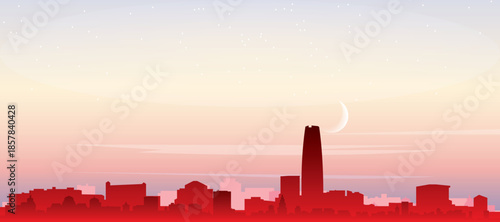 Red panoramic poster of the city skyline with misty background buildings, sunrise, moon and clouds of SANTIAGO, CHILE