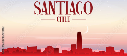 Red panoramic poster of the city skyline with misty background buildings, sunrise, moon and clouds of SANTIAGO, CHILE