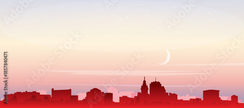 Red panoramic poster of the city skyline with misty background buildings, sunrise, moon and clouds of MONTEVIDEO, URUGUAY