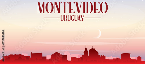 Red panoramic poster of the city skyline with misty background buildings, sunrise, moon and clouds of MONTEVIDEO, URUGUAY