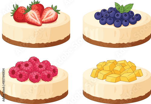 Assorted mini cheesecakes with strawberry, blueberry, raspberry and mango toppings, delicious dessert variety illustration on white background for bakery concepts