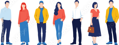 Collection of modern people standing in casual fashion outfits, flat style characters illustration for lifestyle, diversity, community and design