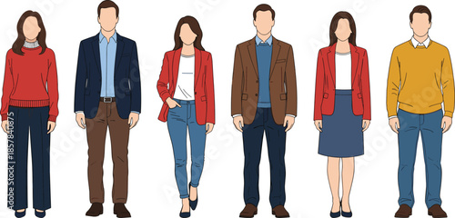 Collection of modern people standing in casual and smart casual outfits, flat style illustration for lifestyle, fashion and community concepts